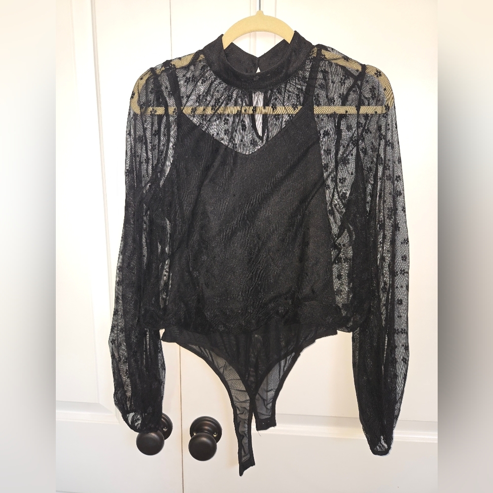 Lulus Black sheer Thong bodysuit.